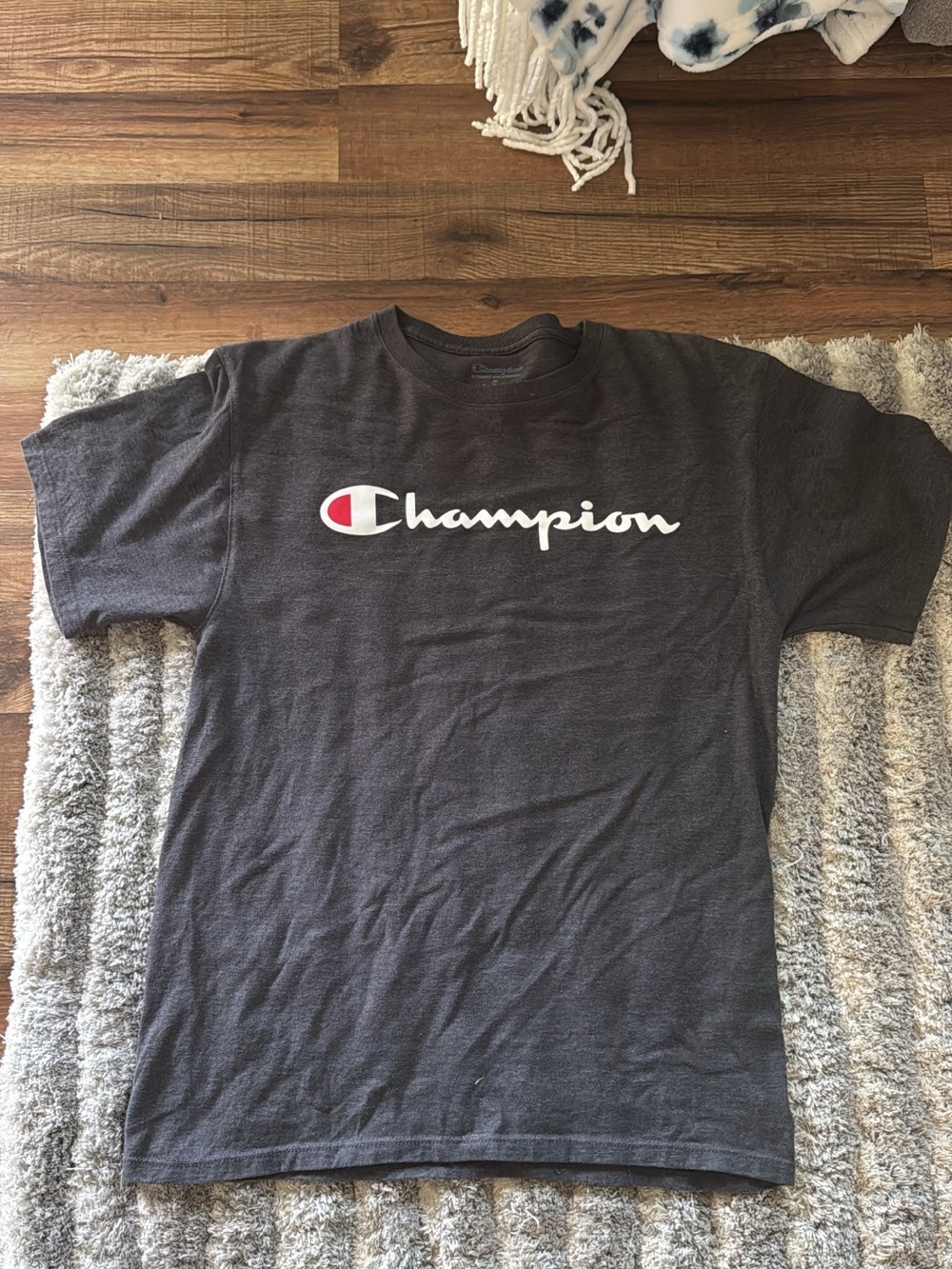 Champion Charcoal Gray Short Sleeve Logo Tee with Red Accent